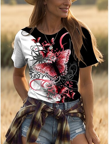  Dames T-shirt Grafisch dier Geometrisch Vintage Modieus Stijlvol Korte mouw Strakke ronde hals Ronde hals Normale tops Dagelijks Weekend Afdrukken Zwart+Wit+Grijs Geel Rood blauw Paars Zomer Lente