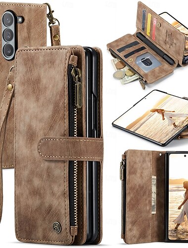 téléphone Coque Pour Samsung Galaxy Z Fold Étui Portefeuille Fermeture Éclair avec Lanière Support TPU faux cuir