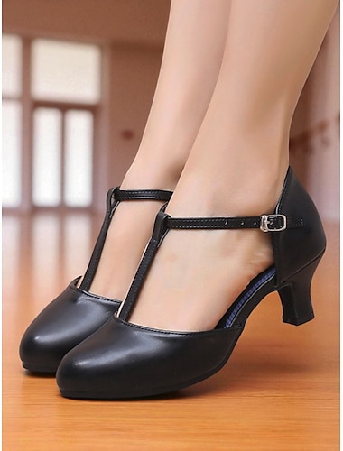  Chaussures de danse latine à bride en T noires pour femmes - Chaussures à talons confortables à bout fermé avec boucle réglable, chaussures de performance professionnelles pour la salsa, le tango et
