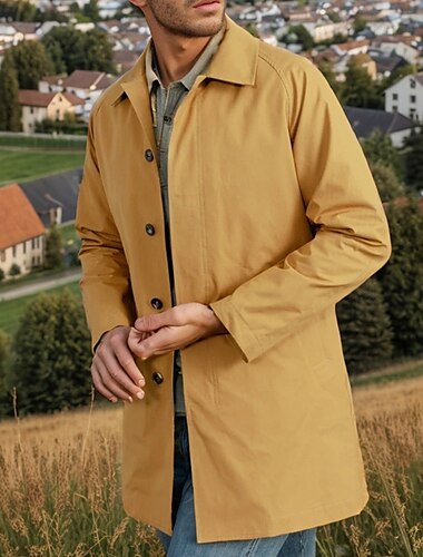  Men's Overcoat Trench Coat Long Trench Coat Vacation Daily Fall Winter Polyester Windproof Soft Outerwear Clothing Apparel Fashion Classic Plain Pocket Lapel Single Breasted