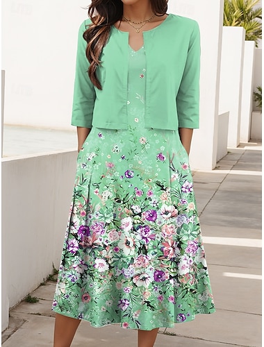  Per donna Insieme del vestito Abito a trapezio Abito Estivo Casual Abiti semi formali Ombre Floreale Stampato Abito Midi Mezza Manica Scollo a V Vacanza Data Giallo Rosa Blu Estate Primavera