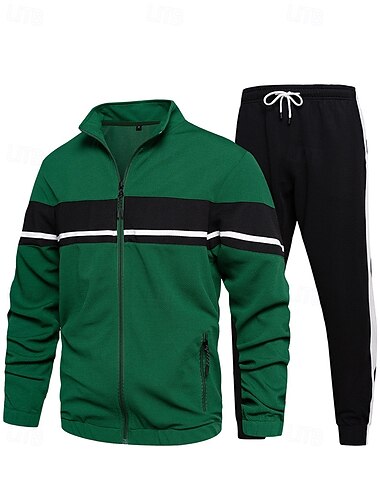  Per uomo Giacca Leggera Giacca Casual Set Vacanza Quotidiano Tasca 2 Pezzi Primavera Autunno Blocco di colori Moda Classico Collo alla coreana Regolare Nero Verde Cachi Giacca