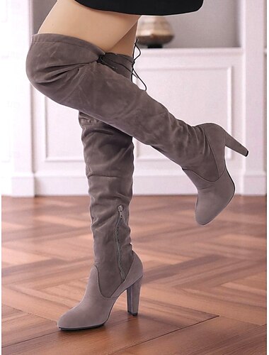  Botas femininas acima do joelho de camurça cinza com salto alto - botas de cano alto chiques e estilosas para passeios modernos e trajes de noite