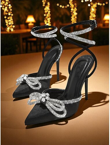  Women's Black Satin Stiletto Heels with Rhinestone Bow and Ankle Strap - Elegant High Heels for Formal Events and Cocktail Parties
