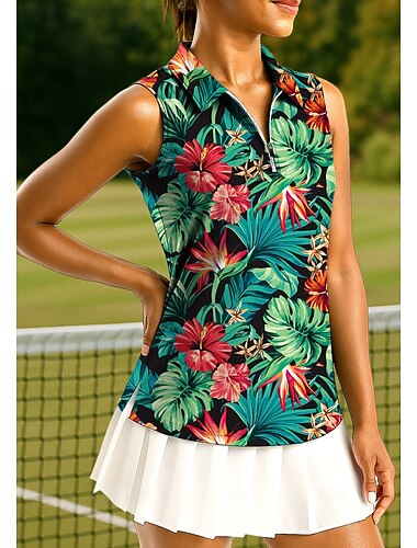  Damen Pflanzen Tropisch Blumenmuster Oberteile Sporthemd Golf-Poloshirt Tennis Shirt Ärmellos Reißverschluss UPF50+ UV-beständig Hohe Elastizität Feuchtigkeitsableitend Atmungsaktiv Tennis Pickleball
