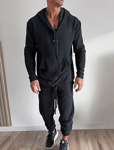  Herren Kapuzensweatshirt Trainingsanzug Jogginganzug Aprikose Schwarz Braun Grün Mit Kapuze Einfach Jacquard Tasche 2 teilig Sport & Outdoor Täglich Ferien Polyester Streetwear Basic Lässig Frühling