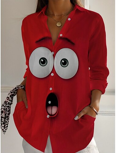  Per donna Camicia Grafico Attivo Quotidiano Elegante Manica Lunga Colletto a Camicia Top Regolari Quotidiano Ferie Bottoni Stampato Rosso Primavera Autunno