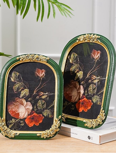  Złota, trójwymiarowa ramka na zdjęcia z różą i zieloną, łukową obwódką, ręcznie malowana rama z żywicy do dekoracji wnętrz, do ekspozycji zdjęć w salonie, sypialni, gabinecie lub przedpokoju