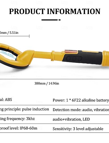  Pulzní detektor kovů pro potápění, pulzní indukční cívka 8", frekvence 3 kHz, žlutý