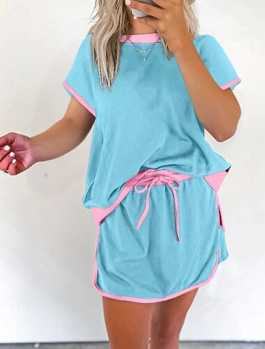  Dámské Módní Základní Tričko Soupravy sukní Soupravy šortek Krátký rukáv Tričkový Barevné bloky Slátanina Dovolená Běžné / Denní Černá Světlá růžová Nebeská modř Léto Běžný