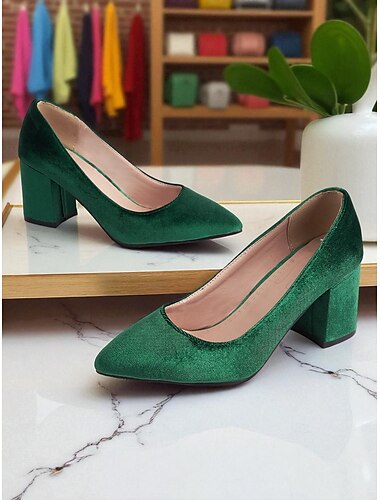  Escarpins à talons carrés vert émeraude pour femmes – talons pointus en velours brillant pour le bureau, les fêtes et les tenues de soirée élégantes