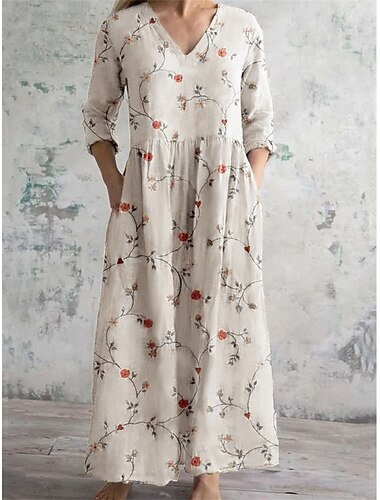  Per donna Abito maxi Abiti in cotone e lino Abito in cotone e lino Casual Quotidiano Vestibilità regolare Floreale Manica 3/4 Scollo a V Giallo Verde Grigio Primavera Autunno