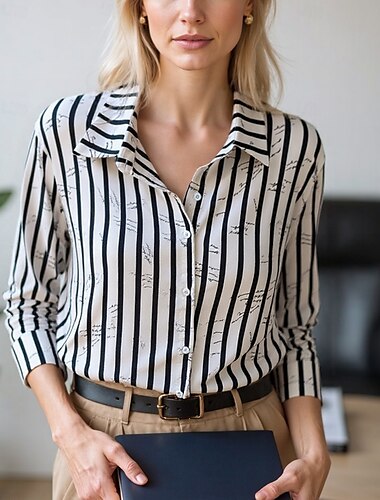  Dame Bluse Dressy Toppe Chiffon toppe Farveblok Abstrakt Elegant Daglig Stilfuld Langærmet Krave Almindelige toppe Arbejde Daglig Knapper Trykt mønster Sort og Hvid Sort Hvid Beige Forår, Efterår