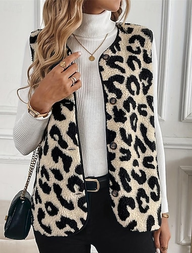  Per donna Gilet in pile Gilet Caldo Confortevole Bottoni Foderato in pile Moda Moderno Casual Leopardo Uscire Weekend Monopetto Regolare Scollo a V Vestibilità regolare Senza Maniche Capispalla