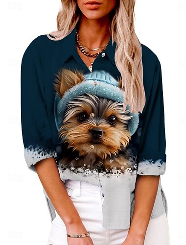  Per donna Camicia Gatto Cane Attivo Quotidiano Elegante Manica Lunga Colletto a Camicia Top Regolari Quotidiano Ferie Bottoni Stampato Blu marino Grigio Estate Primavera Autunno
