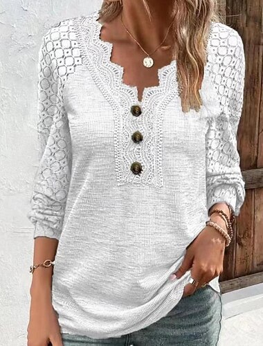  Per donna Blusa con texture Maglietta Semplice Casual Manica Lunga Scollo a V Top Regolari Quotidiano Uscire Weekend Bottoni Nero Bianco Grigio Autunno
