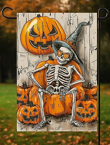  Halloweenská zahradní vlajka – kostlivec sedící s dýňemi, letní scéna, oboustranná odolná zahradní vlajka pro halloween 2025, venkovní trávník, dekorace verandy