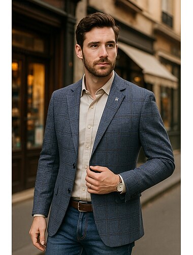  Per uomo Giacca blazer Scuola Lavoro Ufficio / Carriera Elegante Quotidiano Primavera Autunno Poliestere Quadri Classico Senza ferro Monopetto due bottoni Giacca Giallo Grigio