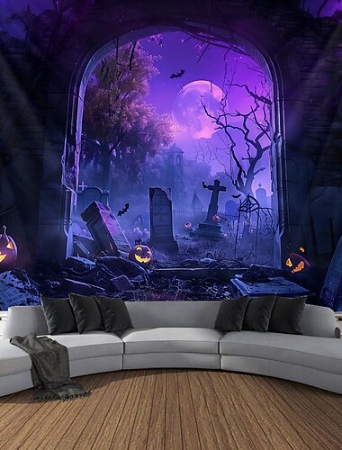  Halloweenin mustavalon vaate hautausmaa UV-herkkä pimeässä hohtava metsä psykedeelinen vuori sumuinen hautausmaa kummitus roikkuva vaate seinätaide muraali olohuoneeseen makuuhuoneeseen