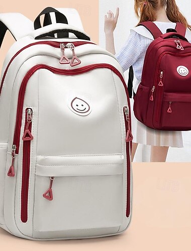  Mochila escolar branca unissex com detalhes em zíper vermelho, mochila escolar grande, à prova d'água e com vários bolsos para alunos do ensino fundamental e médio