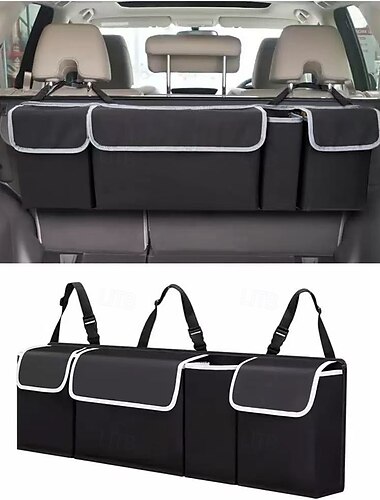  車のトランクオーガナイザー、大容量、マルチポケット付き、SUV、トラック、車のアクセサリー用の耐久性のある600dオックスフォード生地で作られたユニバーサル後部座席収納バッグ