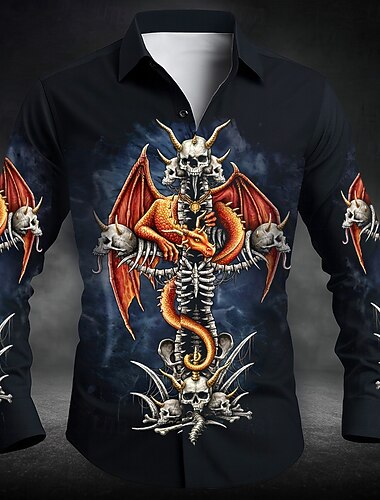  Pánské Lebky Drak Halloweenské kostýmy Košile Košile na knoflíky Dlouhý rukáv Temný gotický styl Dovolená Streetwear Léto Jaro Přehnutý 3D tisk košile s límečkem Černá