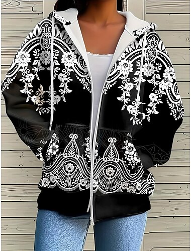  Damen Übergroße Hoodies mit Reißverschluss Geometrisch Gestreift Aktiv Vintage Sport Langarm Mit Kapuze Normale Oberteile Lässig Ferien Reißverschluss Kordelzug Fronttasche Schwarz Rosa Rote Blau