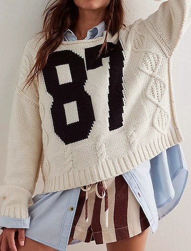  Damen Pullover Täglich Stilvoll Lässig Druck Gerippt Rundhalsausschnitt Gestrickt Langarm Normale Oberteile Stricken Täglich Ferien Ausgehen Khaki Dunkelblau Herbst Winter