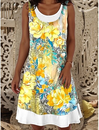  Damen Minikleid T-Shirt-Kleid Sommerkleid A Linie Kleid Urlaub Lässig Täglich Normale Passform Blumen Grafik Ärmellos Rundhalsausschnitt Gelb Blau Grün Sommer Frühling Herbst