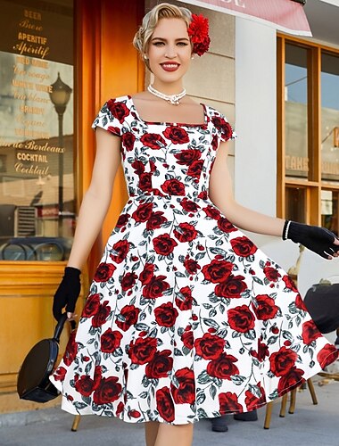  Lata 50. Retro / vintage Rockabilly Południe Sukienka huśtawka Rozkloszowana sukienka Krótki kimonowy Kwiaty Owoc Obcisła i rozszerzona Huśtawka wisząca Kwadratowy dekolt Strój na bal maskowy Damskie