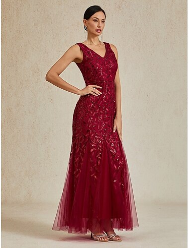  Femmes Robe maxi Robe Trompette Sirène Élégant Soirée Coupe régulière Couleur Unie Sans manches Col en V Rouge Bordeaux Été Printemps