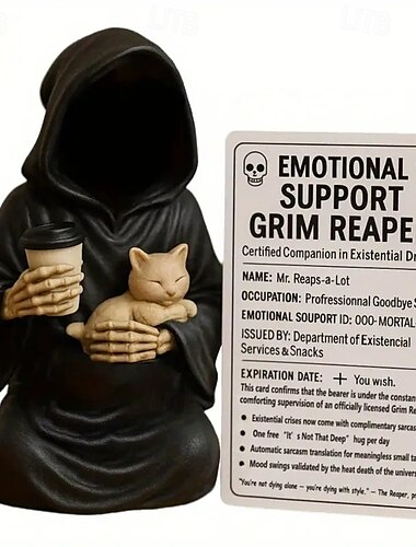  estatueta de apoio emocional do ceifador estátua de Halloween do ceifador com cartão de apoio emocional presentes góticos para adultos &adolescentes - companheiro de medo existencial