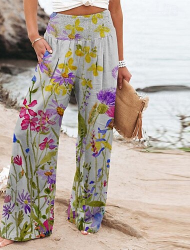  Femmes Jambe large Slacks Streetwear Occasionnel Longueur complète Naturel Fleur Avec Poches Impression Confortable Rue Fête Tenue quotidienne Gris Rose Bleu Violet Automne Coupe régulière