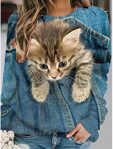  Női Pulóver pulóver Kapucnis felsők Nyomtatott Grafika Állat Cica Divat Alkalmi Hosszú ujj Terített nyak Kerek Normál felsők Utca Hétköznapi Farmer kék Tavasz Ősz Tél