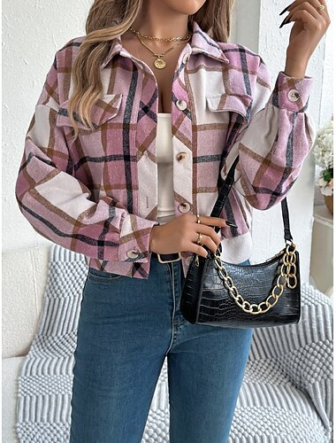  Femmes Chemise Veste Veste Décontractée Confortable Respirant Boutons Imprimé Occasionnel Plaid Vacances Rue Occasionnel Tenue quotidienne Simple Boutonnage Court Col montant Coupe régulière manche