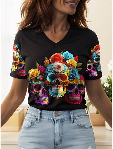  Halloween Per donna Maglietta Floreale Grafico Teschio Vintage Elegante Classico Manica Corta Scollo a V Top Regolari Quotidiano Stampato Nero Arancione Grigio Estate Primavera