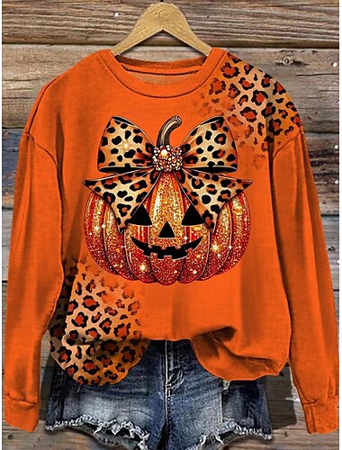  Halloween Damen Sweatshirts Grafik Paisley Casual Langarm Rundhalsausschnitt Normale Oberteile Street Alltagskleidung Casual Print Gelb Orange Herbst Winter