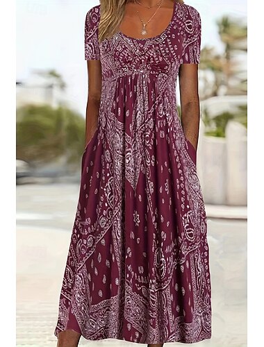  Damen Midikleid A Linie Kleid Sommerkleid Lässig Täglich Normale Passform Paisley-Muster Kurzarm Quadrathals Rosa Rote Blau Grau Sommer