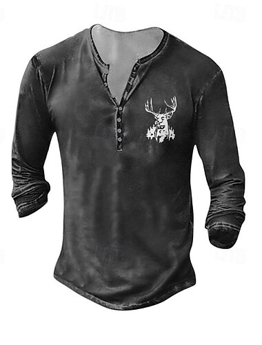  Per uomo Maglia Henley Maglietta Camicia a Maniche Lunghe Manica Lunga Henley Estate Autunno Motivo Cervo Moda Designer Moda Vintage ▾ Vacanza Streetwear Uscire Grigio scuro Nero Bianco Maglietta Top