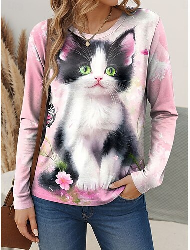  Per donna Maglietta Floreale Grafico Gatto Vintage Elegante Classico Manica Lunga Girocollo Top Regolari Quotidiano Weekend Stampato Rosa Blu Viola Verde Primavera Autunno