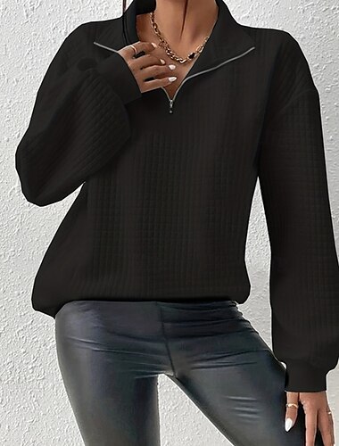  Dame Pullover عادي Gatemote Fritid Behagelig Langermet V-hals Vanlige topper Gate Ferie Ut på byen Quarter Zip Svart Høst