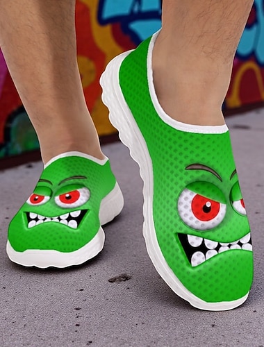  Blå åndbare slip-on sneakers i mesh med sjovt tegneserieprint – lette, afslappede sportssko til gåture, rejser og hverdagsbrug