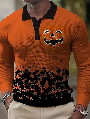  Halloween Pánské Dýně Waffle Polo košile Dlouhý rukáv Polo tričko Košile s límečkem Na běžné nošení Tmavá Denní nošení Festivalový outfit 3D tisk Knoflíky Jaro Podzim Zima Oranžová