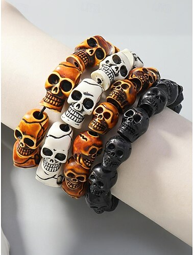  Férfi halloweeni koponya gyöngyös karkötő – rugalmas gyantából készült gótikus punk csuklópánt partira, cosplayre és jelmezbe