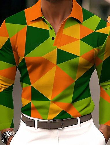  Miesten Geometrinen Polo Pitkähihainen Poolopaidat Kauluskäänne Vapaa-aika Urheilu- ja treenivaatteet Arki-asut 3D-tulostus Napit Kevät Syksy Talvi Rubiini Apila