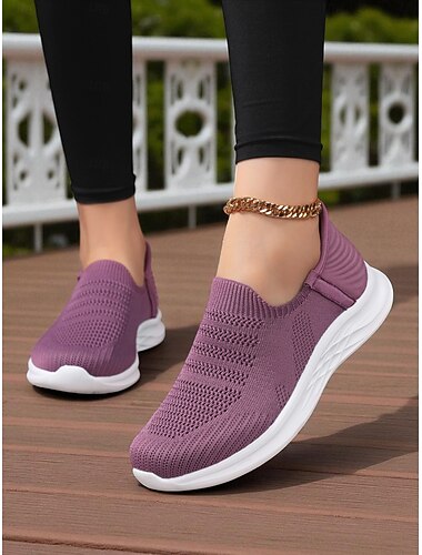 Lilafarbene Slip-On-Sneaker aus Strick für Damen – leichte, atmungsaktive Sportschuhe für Reisen, Besorgungen und Freizeitsport