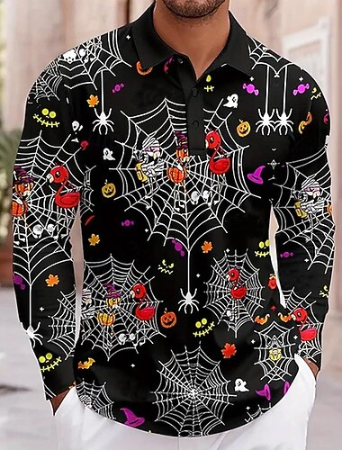  Halloween Ανδρικά Κολοκύθα Φάντασμα Πόλο Μακρυμάνικο Μπλουζάκια πόλο Πέτο Καθημερινό Σκούρο Δρόμος Καθημερινά Ρούχα Φεστιβάλ στολή 3D εκτύπωση Κουμπιά Άνοιξη Φθινόπωρο Χειμώνας Μαύρο
