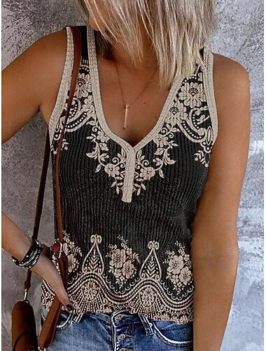  Naisten Camisole Tank Top Painettu Kuvitettu Väripalikka Böömi Tyylikäs Läntinen Hihaton Hihaton V kaula-aukko Rajaa topit Päivittäin Bile Ranta-asut Sininen Musta Oranssi Ruskea Apila Kesä Kevät