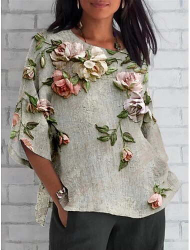  Per donna Camicia Floreale Quotidiano Casual Manica 3/4 Girocollo Top Regolari Quotidiano Ferie Stampato Bianco Verde Cachi Estate Primavera Autunno