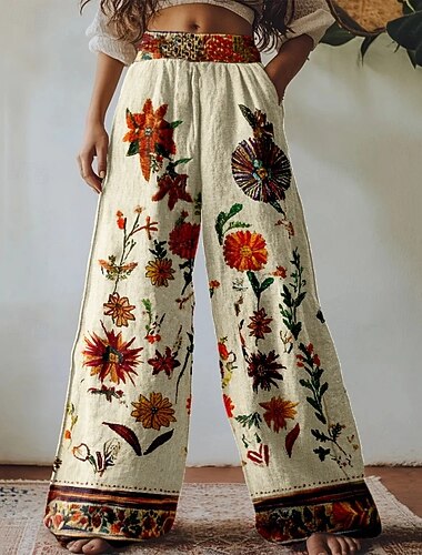  Per donna Gamba larga Pantaloni Pantaloni Palazzo Vintage Boho Lunghezza intera Vita Alta Fiore Elastico in vita Stampa Traspirabilità Confortevole Streetwear Abbigliamento quotidiano Uscire Cachi